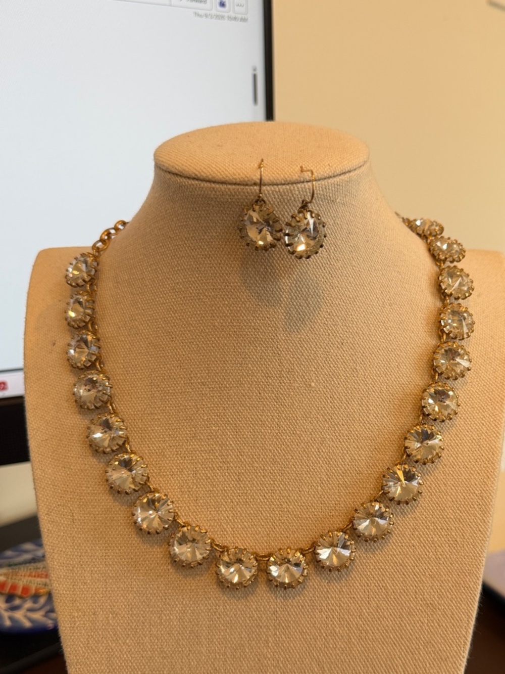 J. Crew Gold and Clear Crystal Collar Necklace with Drop Earrings